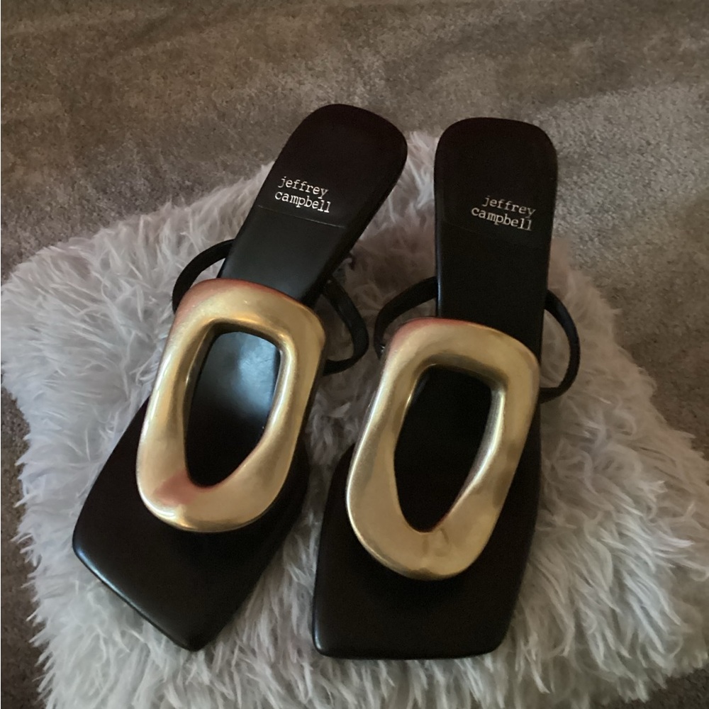 Jeffrey Campbell Black and Gold Heeled Sandals